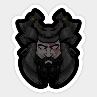 illustration of warrior with samurai helmet, axe and two swords Sticker